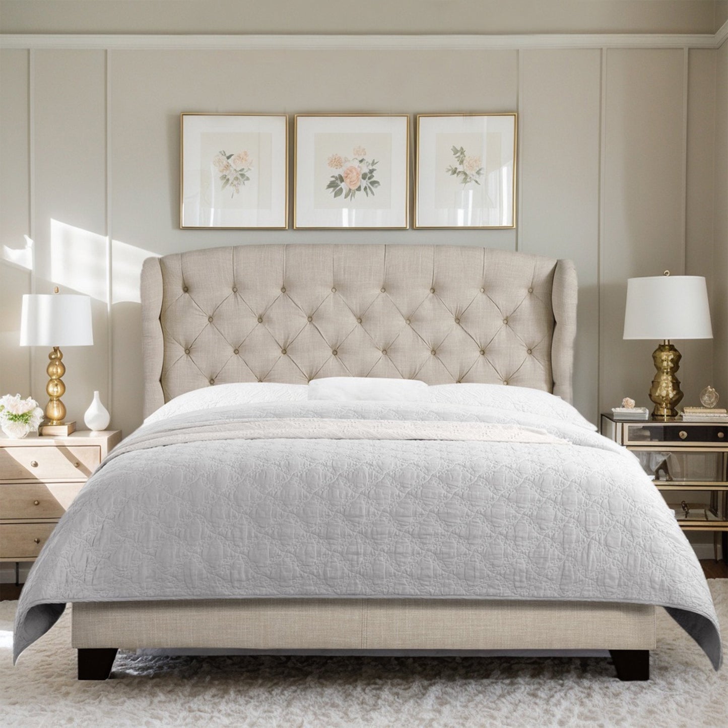 Queen Size Classical Bed Frame with Adjustable Button Tufted Headboard, Fabric Upholstered Platform Bed Frame for Bedroom, Strong Wooden Slat Support, Easy Assembly, Beige