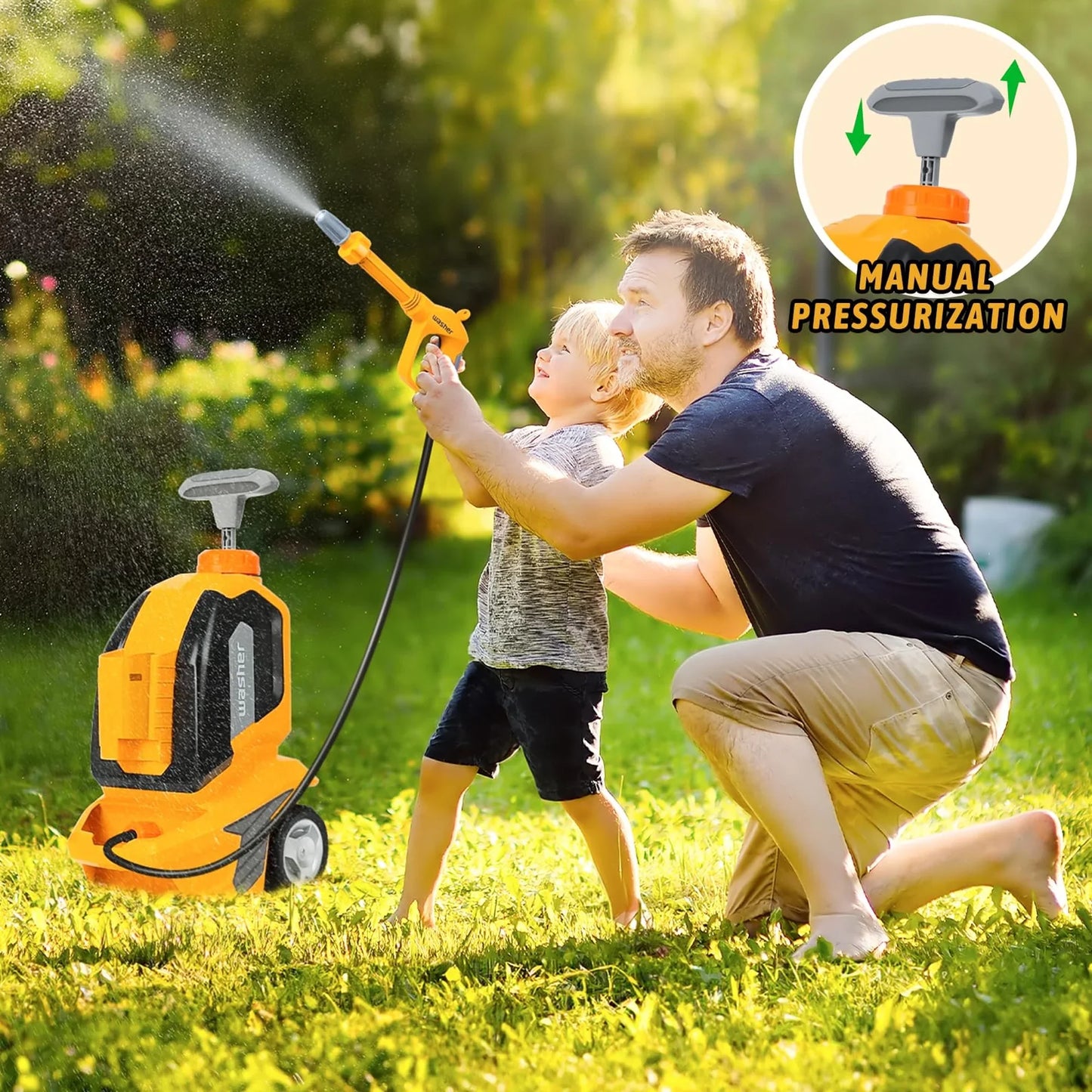 Richgv Kids Car Washer Toy, Pretend Play Tools Clean Car Playset with Car Wash Gun Manual Pressure Scraper Sponge Towel, Car Wash Toy Gift for Boys Girls