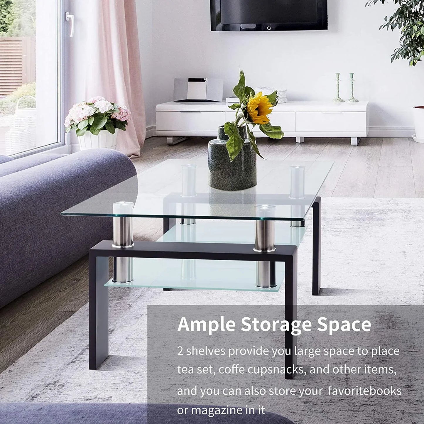Glass Coffee Table with Lower Shelf, SEGMART Clear Rectangle Glass Coffee Table, Modern Coffee Table with Metal Legs, Rectangle Center Table Sofa Table Home Furniture for Living Room