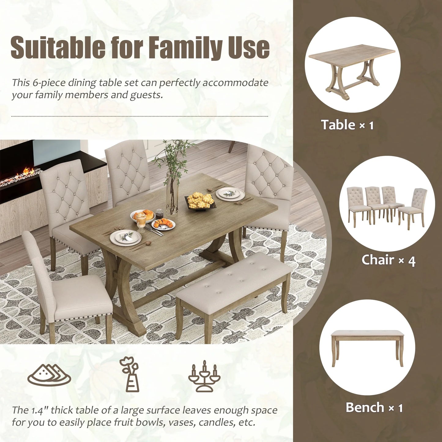 EUROCO 60" 6-Piece Dining Table Set,Dining Room Set with Table,Bench and 4 Cushioned Chairs,Solid Wood Rectangular Table and Chair Set, Kitchen Table Set