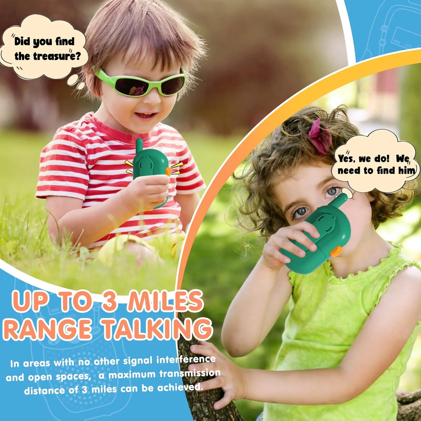 Richgv 2 Pack Walkie Talkies for Kids, 3 Miles Range for Outside Camping Hiking, Birthday Christmas Gift for Boys Girls 3-8 Year