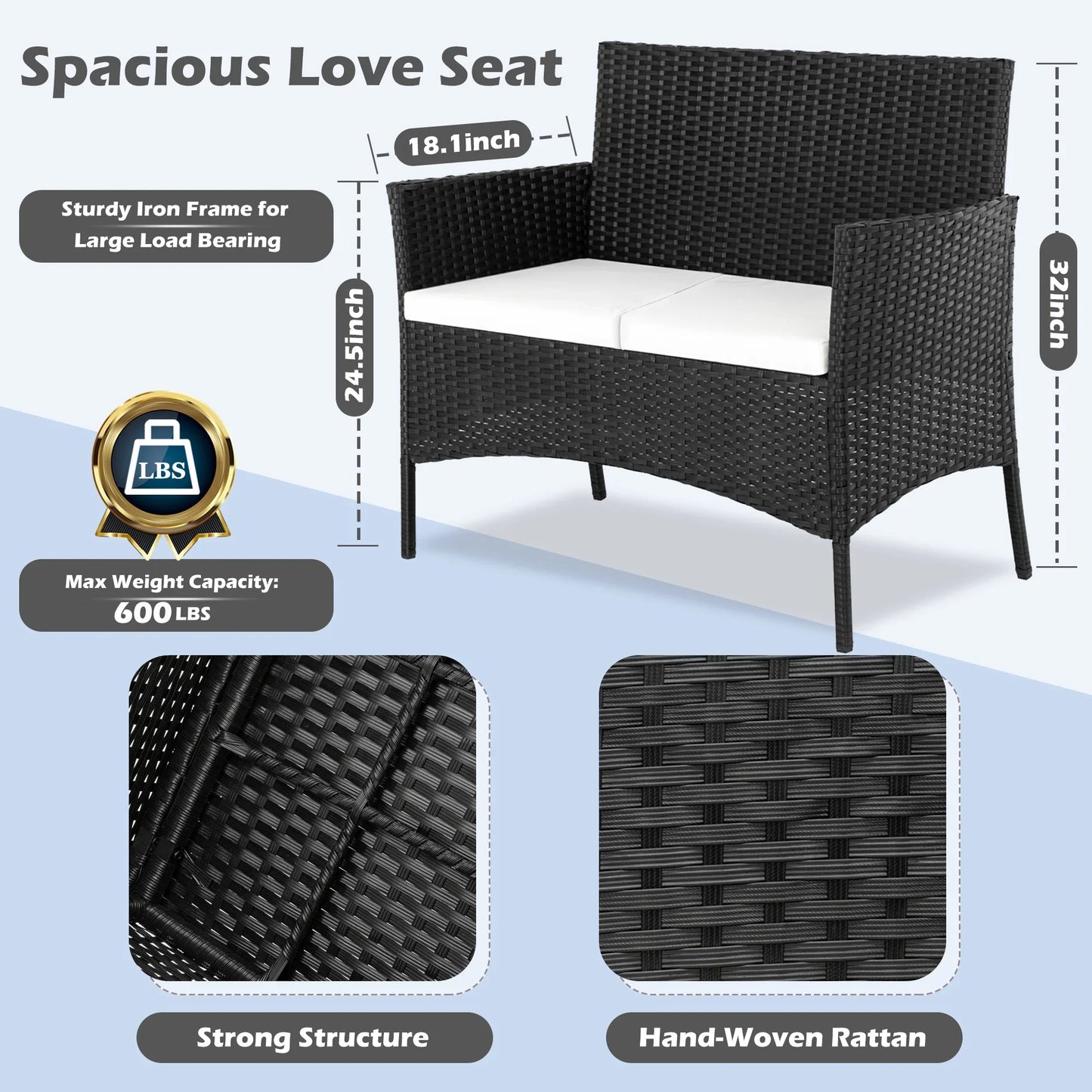 Outdoor Patio Conversation Set, Segmart 4 Pieces Rattan Sofa Set Cushioned Sofa & Charis, Deck Porch Poolside Furniture Table Set for 4, Black