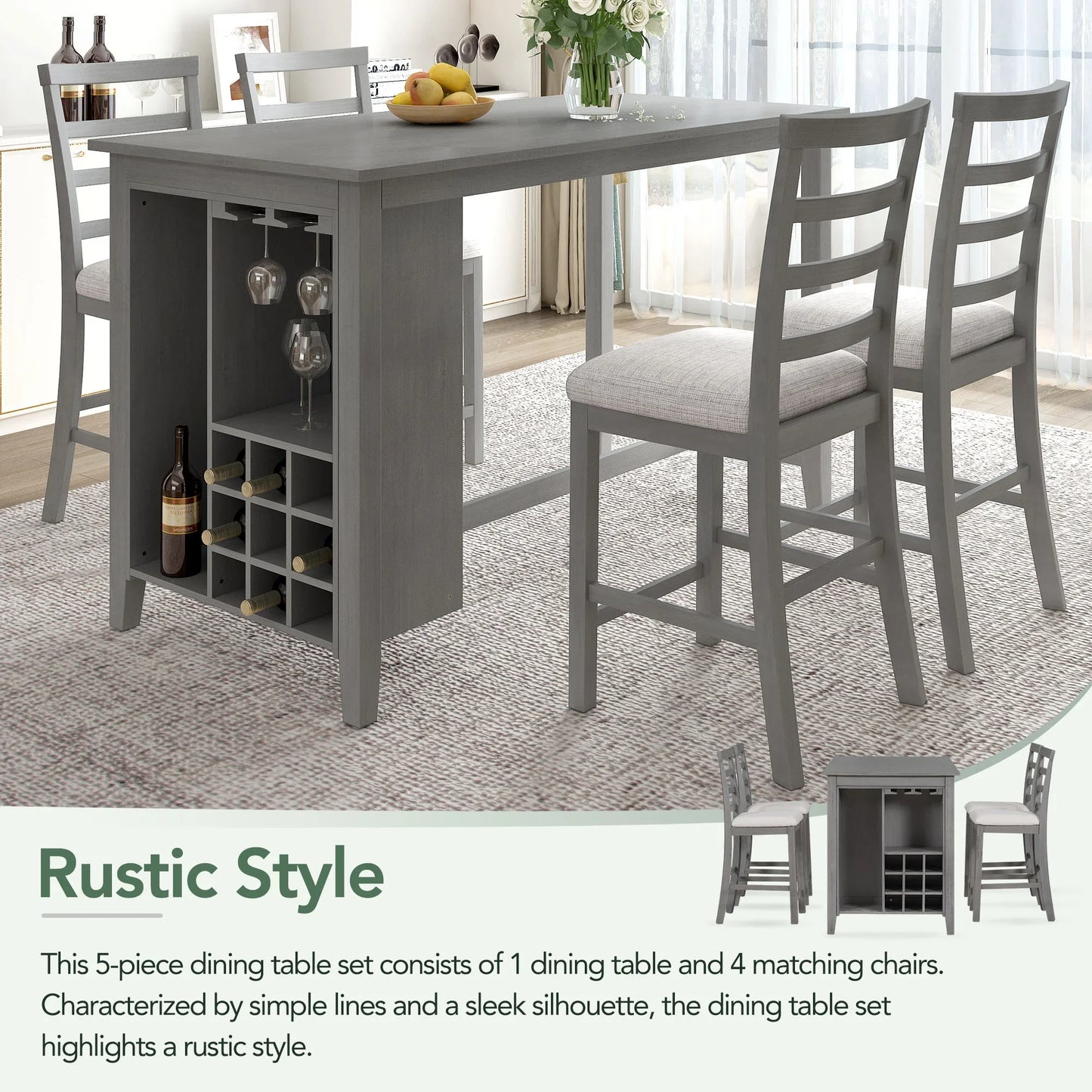 EUROCO 5-Piece Dining Table Set for 4, 59.6" Counter Height Kitchen Table Set with 4 Upholstered Chairs,Integrated 9 Bar Wine Compartment and Wineglass Holders for Dining Room and Kitchen,Gray
