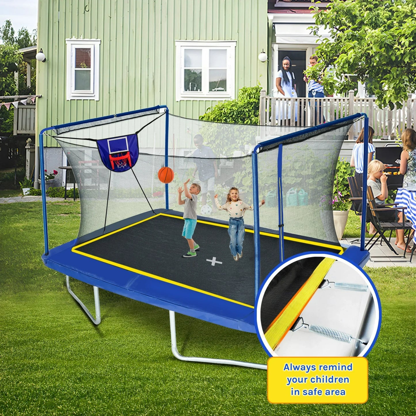 Outdoor Trampoline with Basketball Hoop, SEGMART Large Rectangle Trampoline with Net For Kids and Adults, Heavy-Duty Backyard Trampolines, Recreational Trampolines with Basketball Ball, Blue