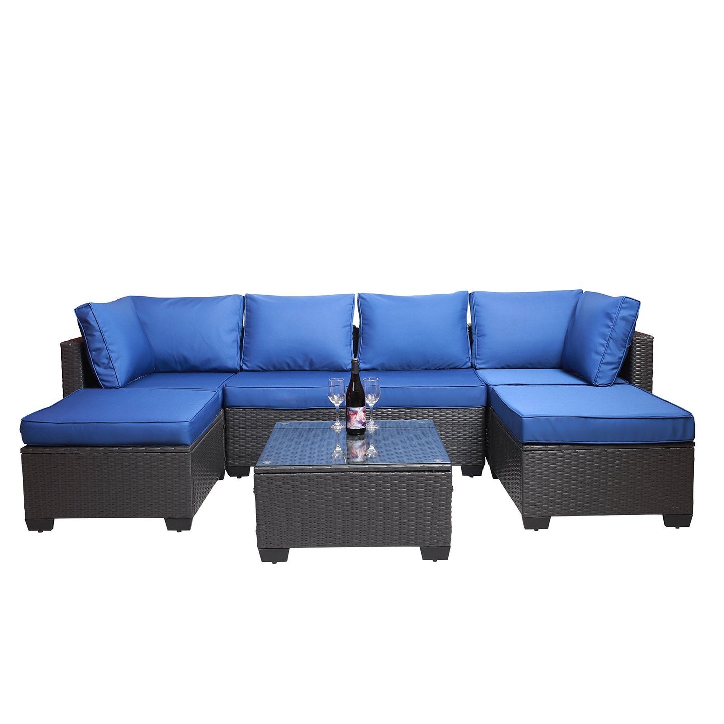 SEGMART Outdoor Patio Conversation Sofa Set, 7PCS Patio Patio Furniture Sets with Coffee Table, All-Weather Wicker Sofa for Patio & Garden w/2 Pillows, Black Wicker + Blue Cushion