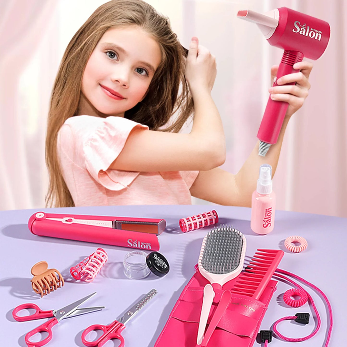 Richgv Girls Toys Hair Salon Playset, 22 Pcs Pretend Play Beauty Salon Hair Stylist Kid Toy with Hairdryer Accessories Makeup Set Christmas Gift for Girls