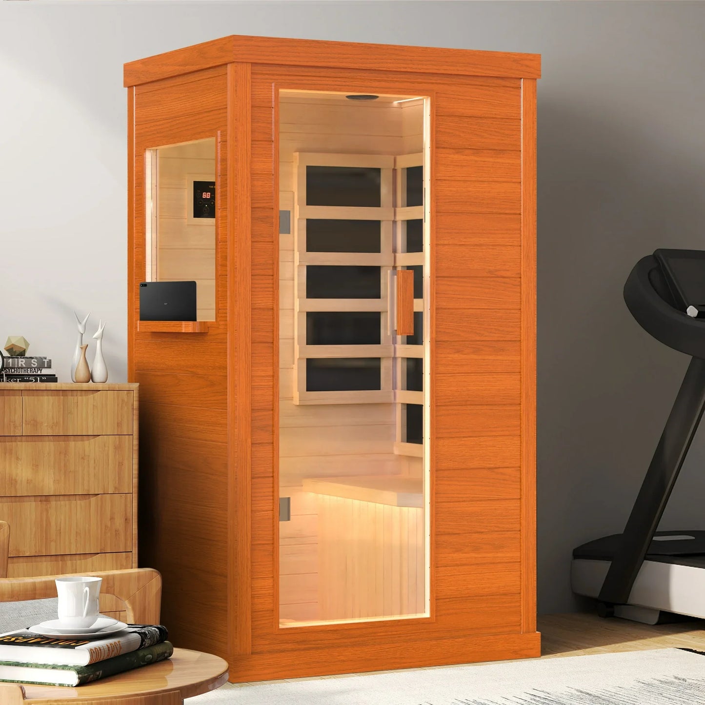 1 Person Infrared Sauna, Okoume Wood Far Infrared Saunas for Home, 9000watt Indoor Personal Sauna Room Box with Control Panel, Glass Door, Blue-Tooth