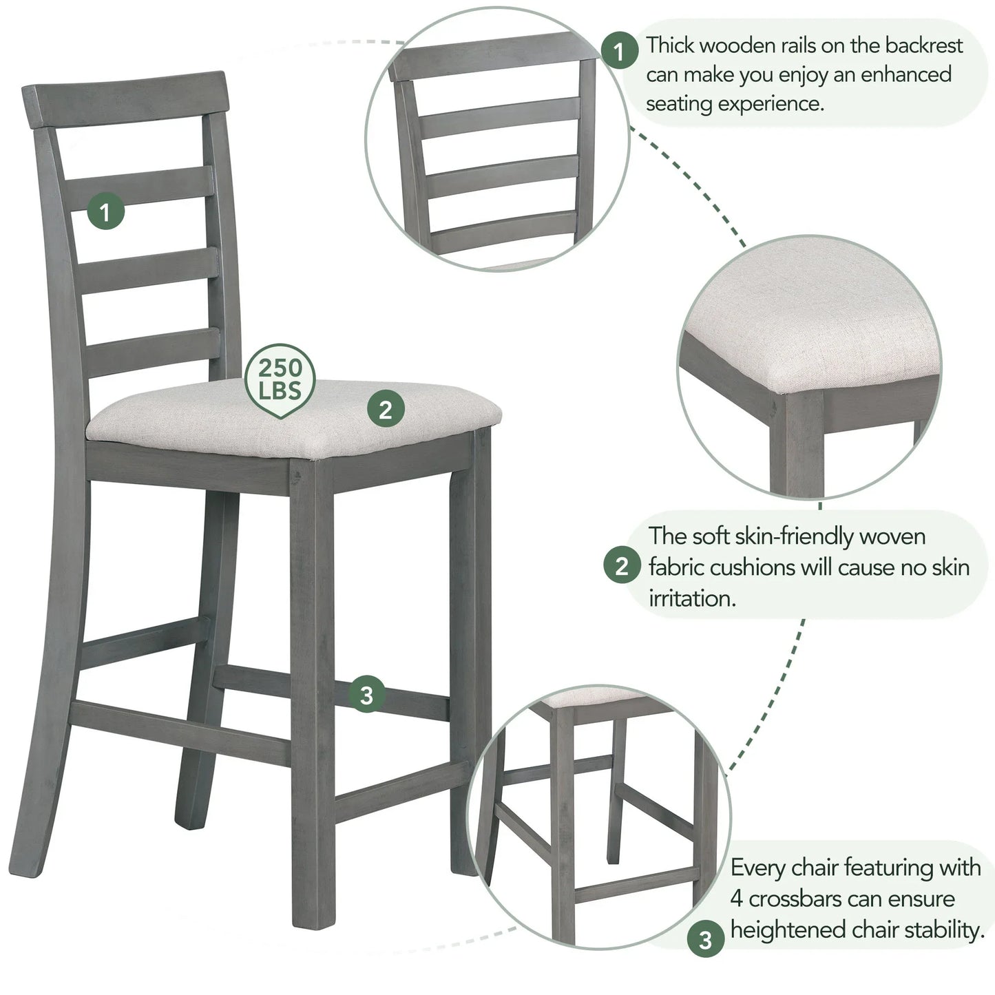 EUROCO 5-Piece Dining Table Set for 4, 59.6" Counter Height Kitchen Table Set with 4 Upholstered Chairs,Integrated 9 Bar Wine Compartment and Wineglass Holders for Dining Room and Kitchen,Gray