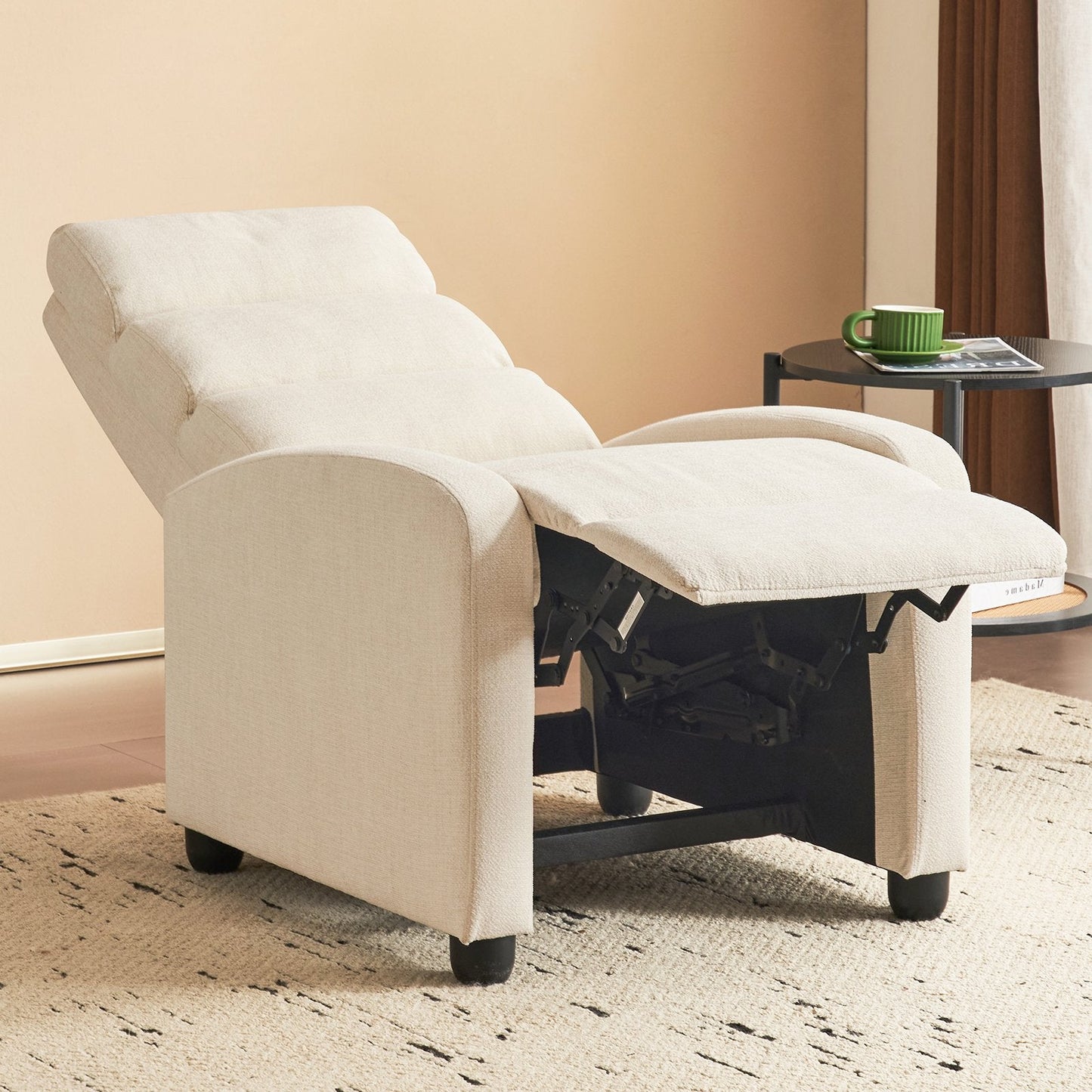 Furniliving Manual Recliner Chair, Upholstered Recliner Sofa with Footrest and Arms, Adjustable Modern Single Sofa with Padded Seat Backrest for Living Room, Beige