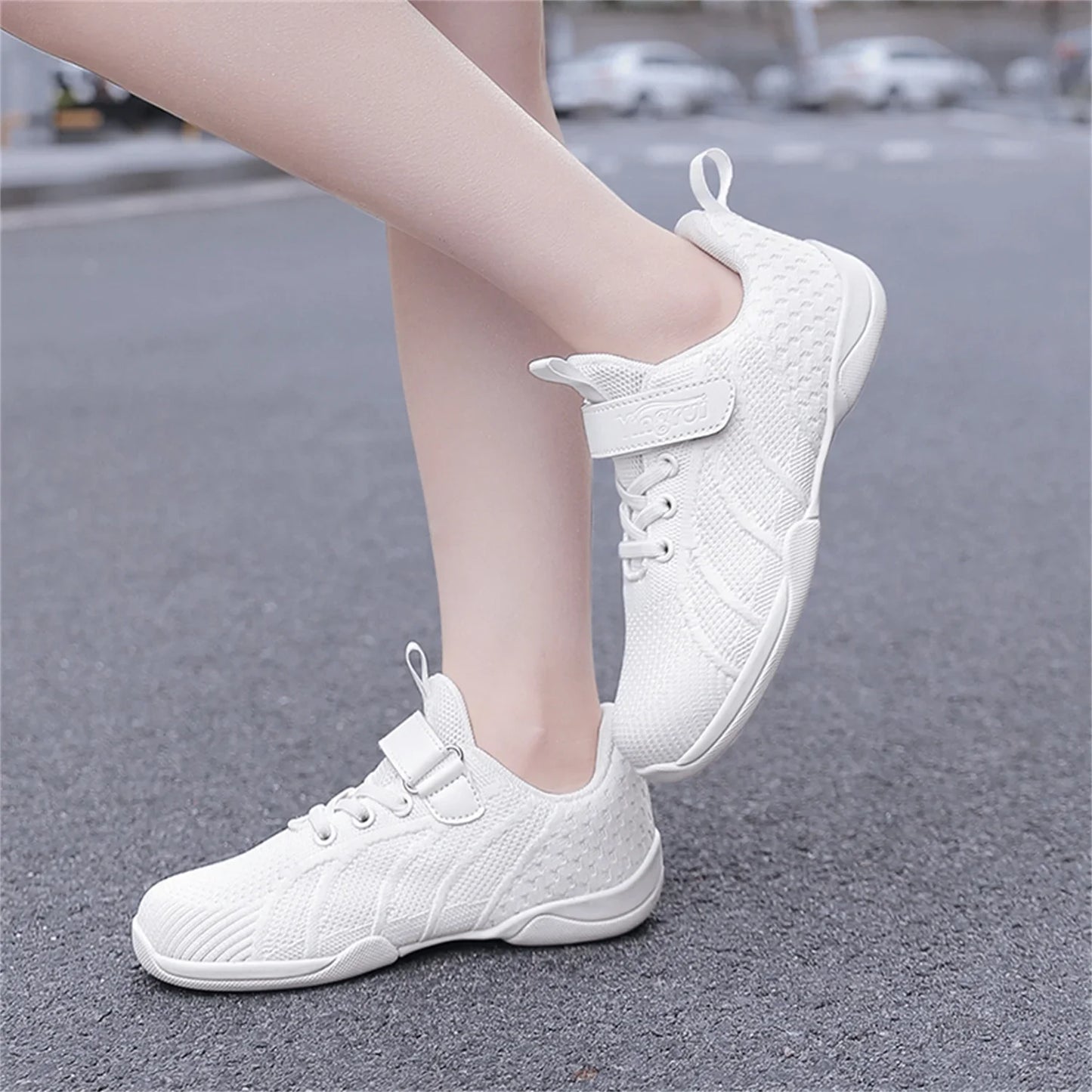 HAOSHIDUO White Cheer Shoes for Girls Lightweight Breathable Soft Fabric Sports Dance Shoes Non Slip Rubber Outsole