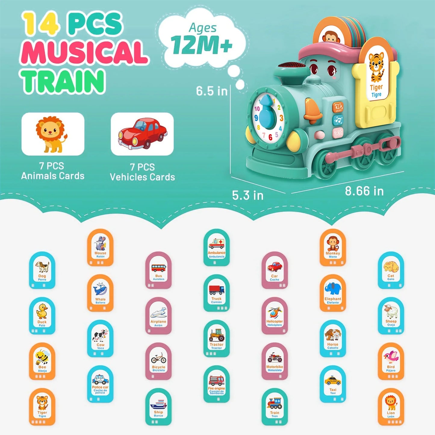 Richgv Musical Train Toy with Talking Flash Cards, Montessori Toys for 1 Year Boys Girls Gift, Crawling Toddler Toys Learning Toys with Music Sound