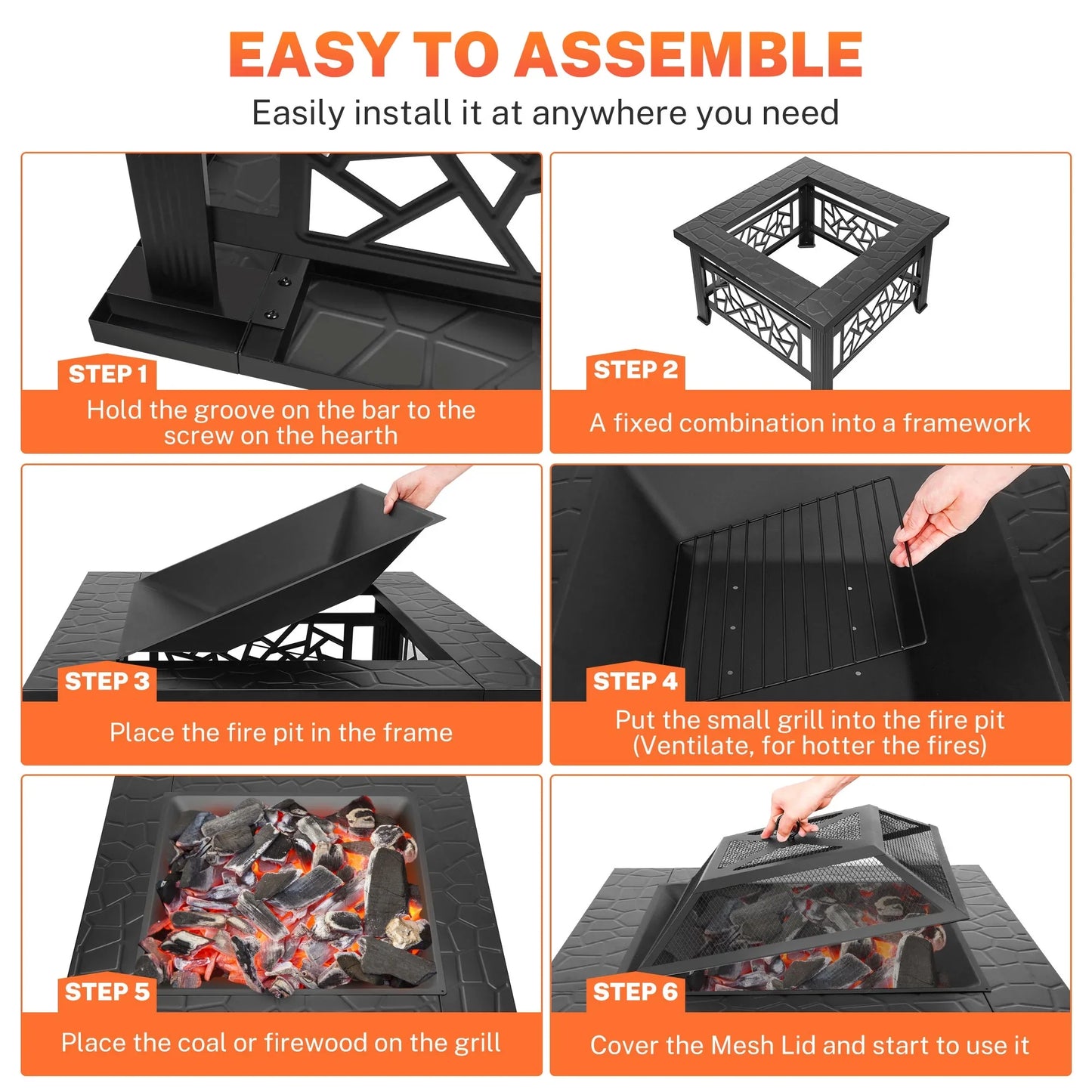 Segmart Fire Pit for Outside, 32" Outdoor Wood Burning Firepit with Fireplace Screen, Patio Fireplace Square Metal Stove for Camping, Outdoor Heating, Bonfire and Picnic, Black