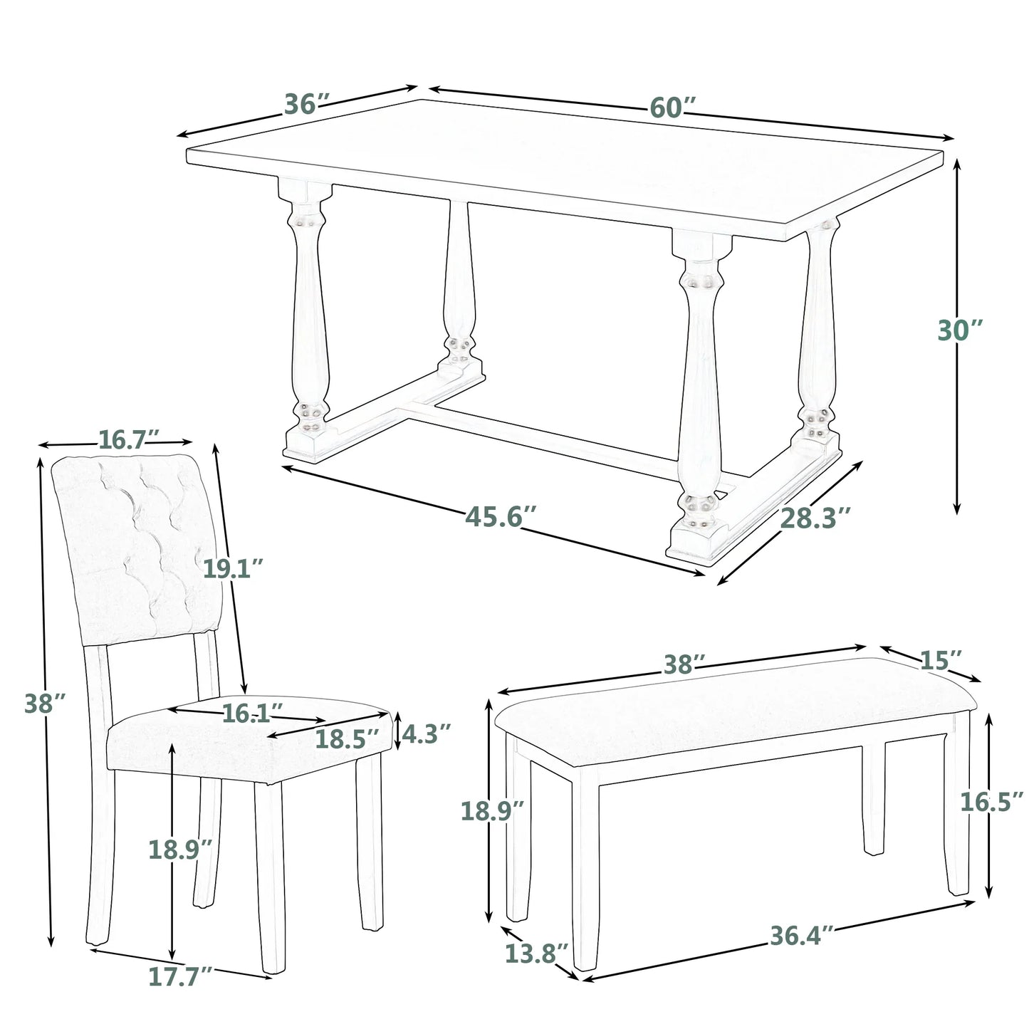 EUROCO 6-Piece Dining Table and Chair Set with Special-shaped Legs and Foam-covered Seat Backs&Cushions for Dining Room