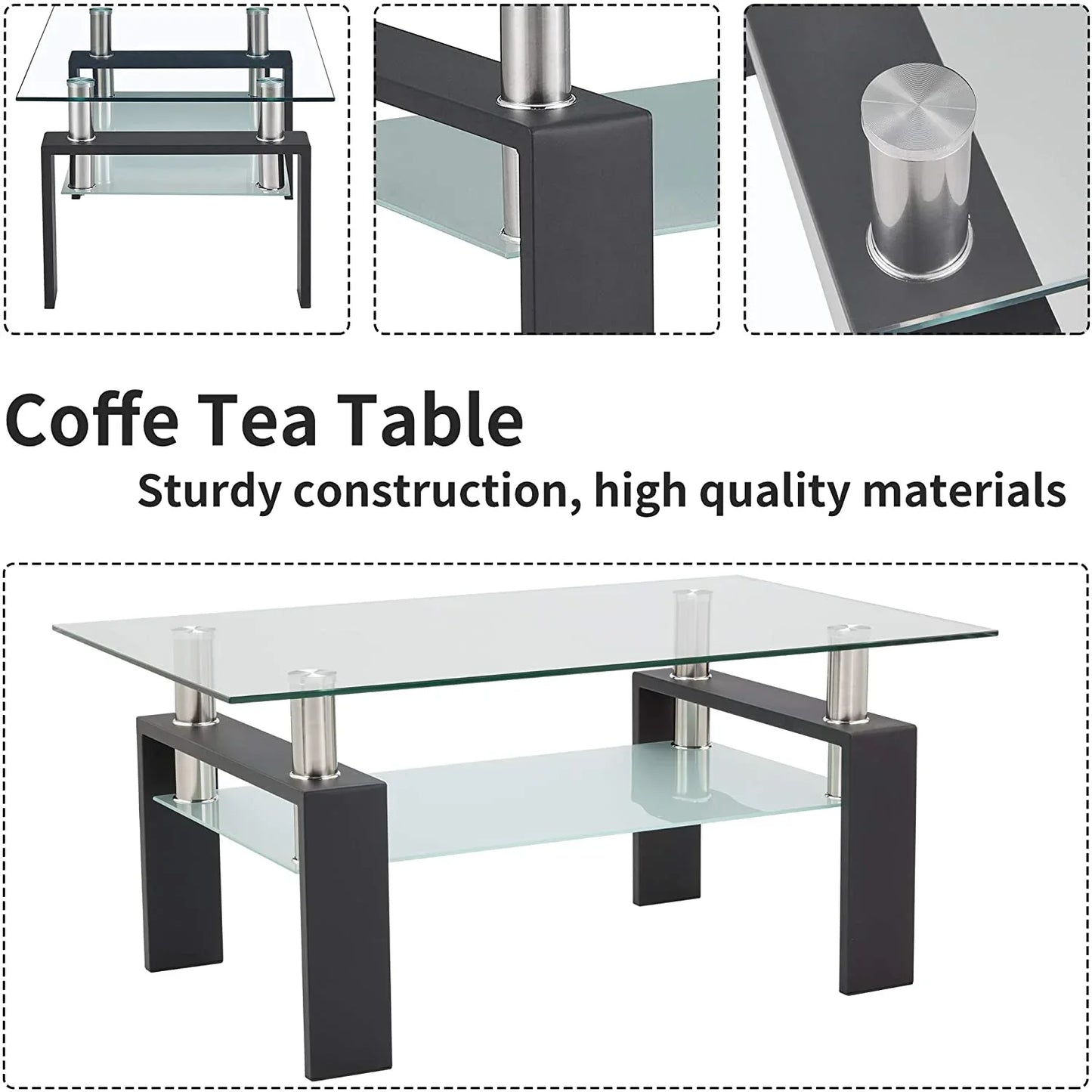 Glass Coffee Table with Lower Shelf, SEGMART Clear Rectangle Glass Coffee Table, Modern Coffee Table with Metal Legs, Rectangle Center Table Sofa Table Home Furniture for Living Room
