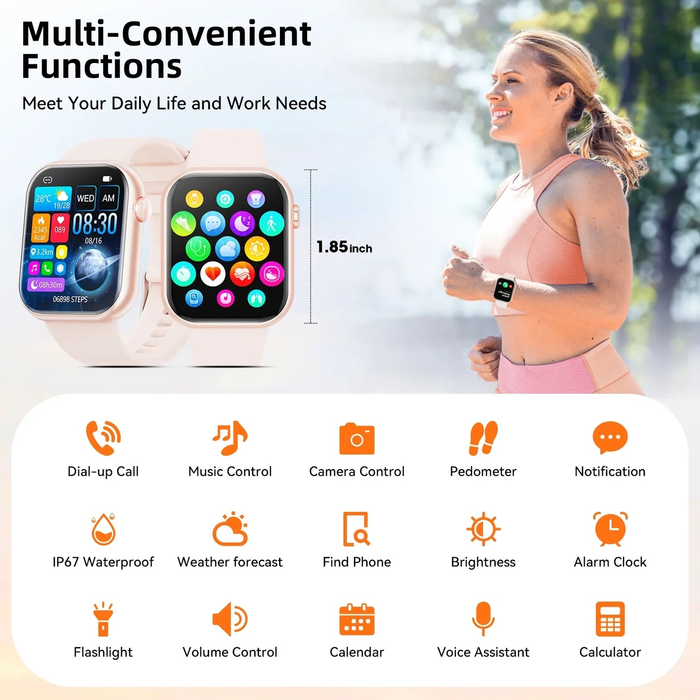 Mingdaln 2025 New 1.85-inch Men Women's Smartwatch with Answer/Make Calls/100 Sports Modes/Message Reminder, IP67 Waterproof Fitness Tracker for Android Iphone Devices Pink