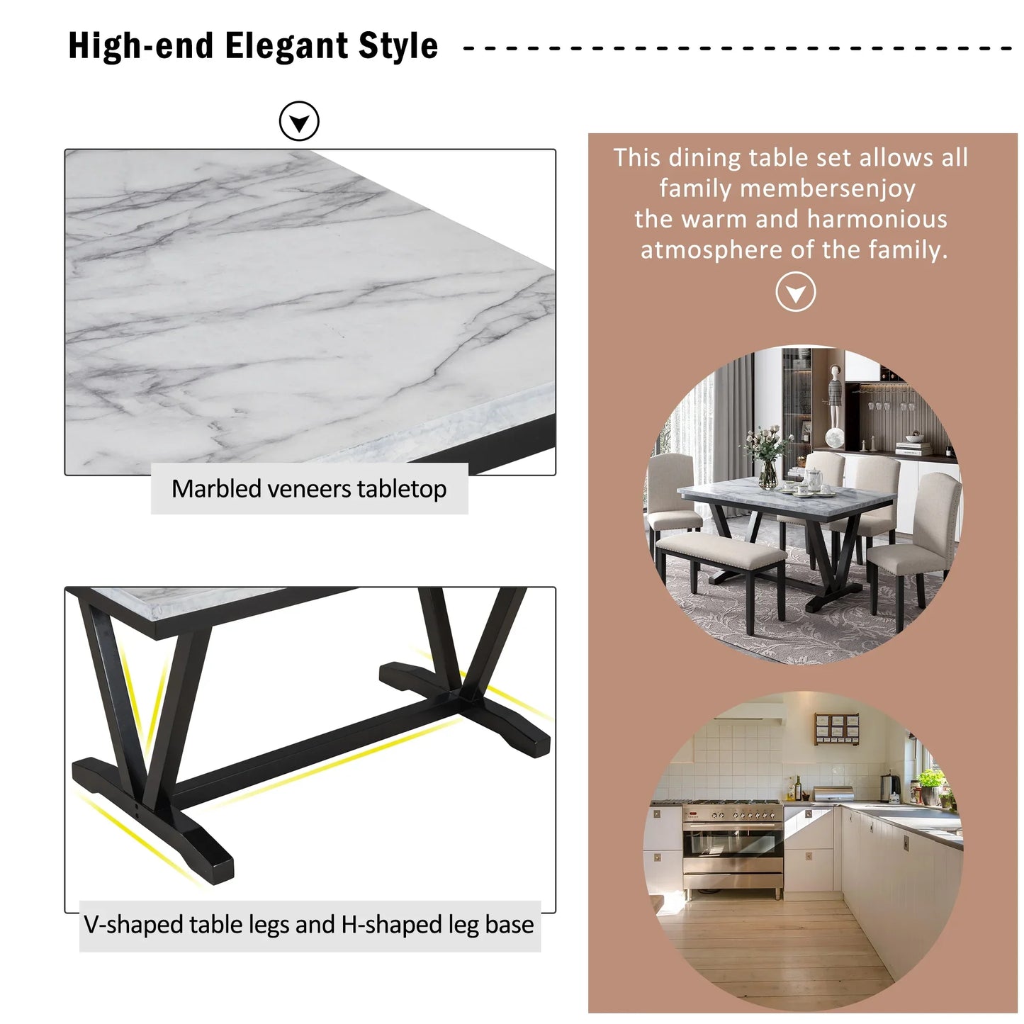 EUROCO 60" 6-Piece Dining Table Set,Dining Room Set with Marbled Tabletop,V-shaped Table Legs,Bench and 4 Cushioned Chairs,Solid Wood Rectangular Table and Chair Set, Kitchen Table Set