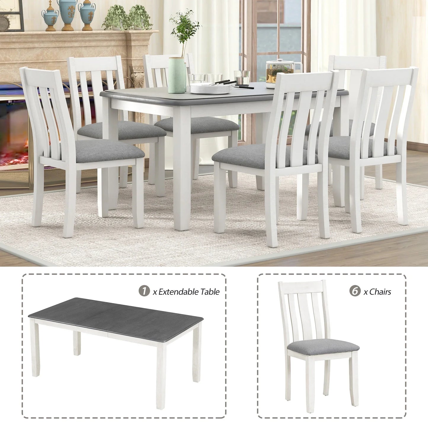 EUROCO 7 Piece Solid Wood Dining Set,70" Dining Room Table Set with Extendable Table,Removable Leaf and 6 Upholstered Ergonomically Desiged Chairs,Rectangle Dining Table Set for 6-8