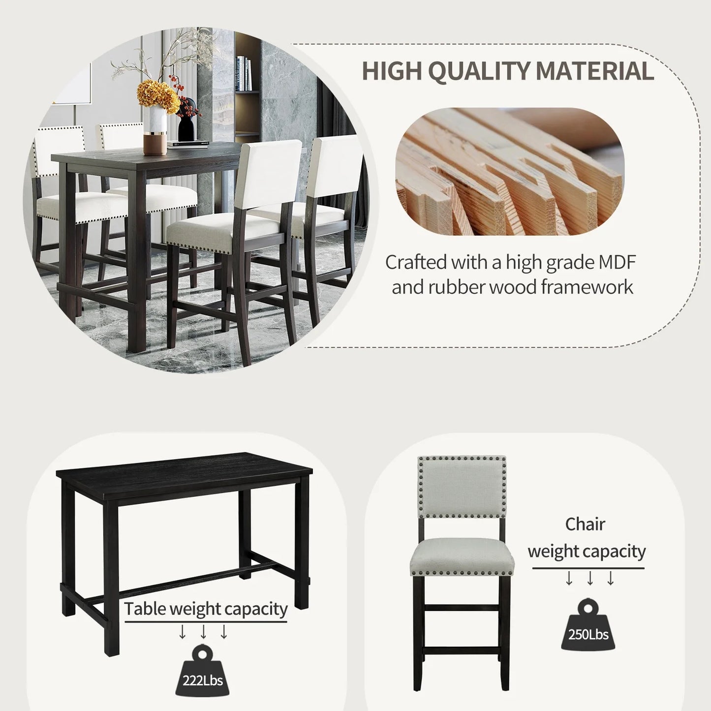 EUROCO 52" 5 Piece Longer Dining Set Kitchen Table Set Counter Height Table Set with One Rectangle Table and 4 Cushioned Chairs for 4 Persons Dining Room Table Set for Small Place