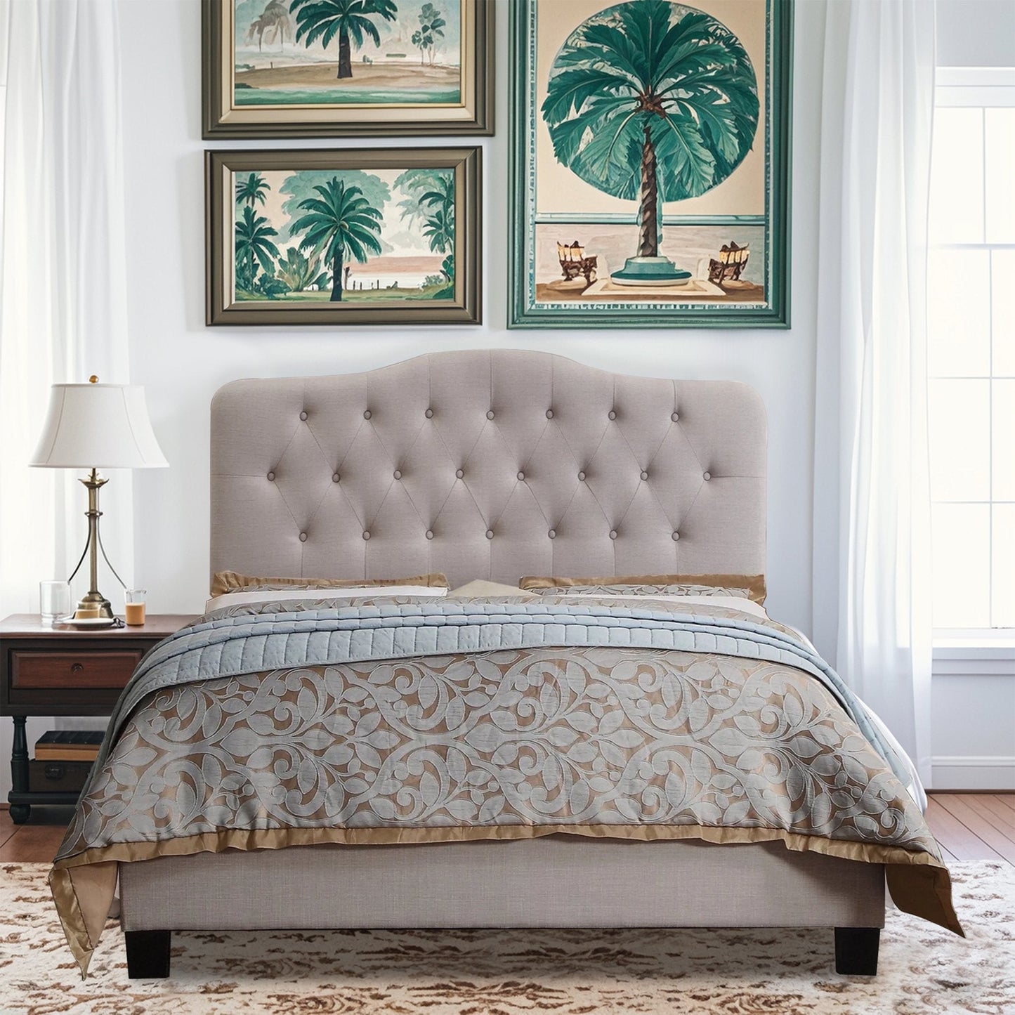 Queen Size Classical Bed Frame with Adjustable Button Tufted Headboard, Fabric Upholstered Platform Bed Frame for Bedroom, Strong Wooden Slat Support, Easy Assembly, Beige