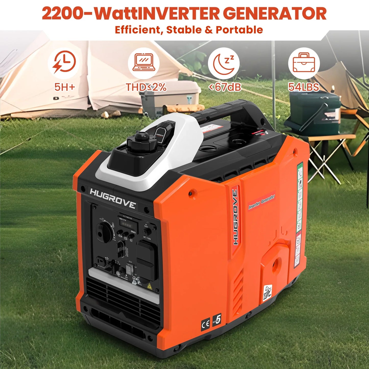 Generators for Home Use, 2200W Powerful Inverter Generator Low Noise, Gas Powered Generator 54LBS Lightweight w/Handle, Pure Sine Wave THD≤2%