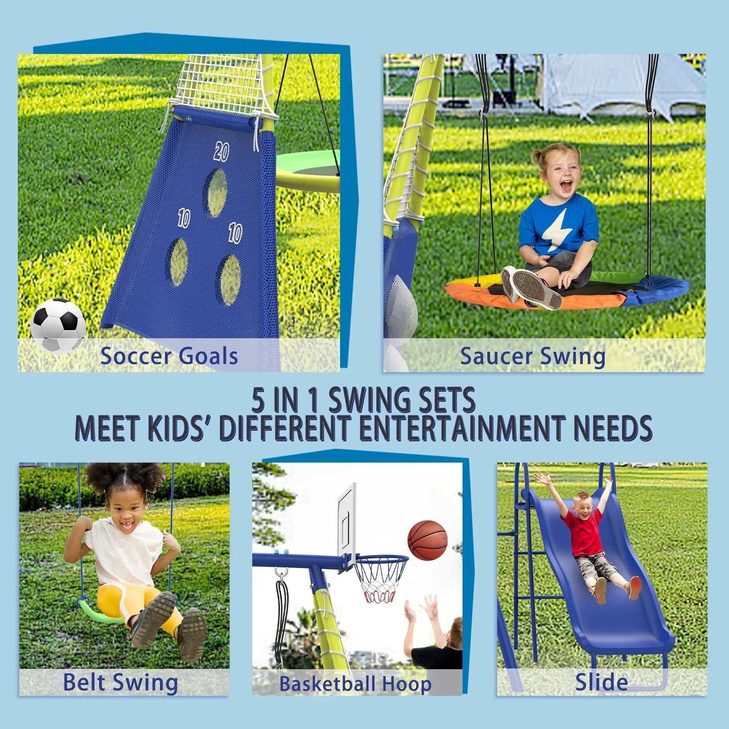 5 in 1 Metal Kids Swing Sets with Heavy Duty Outdoor A-Frame Metal Swing Stand for Playground