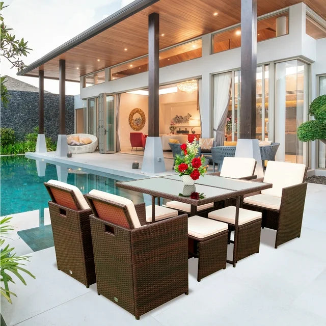 Seizeen Patio Dining Table Set, 9 Pieces Outdoor Dining Set With Cushions, All-Weather PE Rattan Furniture Set for Garden Yard Deck, 1 Glass Top Table, 4 Chairs and 4 Stools