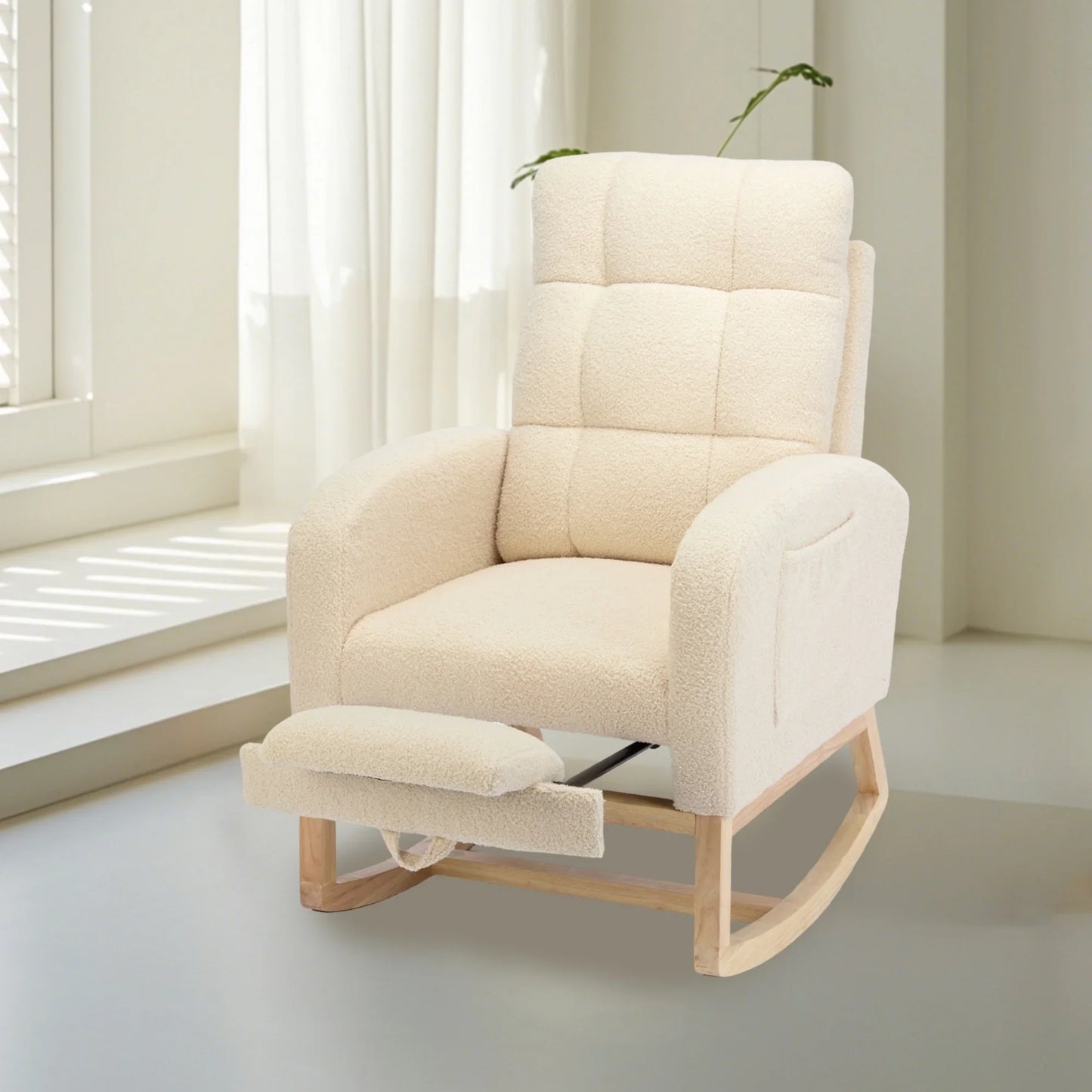 SENCHO GINSYTALIOR Modern Accent Rocking Chair with Solid Wood Legs, adjustable Footrest,Comfy Armchair with Side Pocket, Living Room Lounge Arm Chair with High Backrest(Beige)