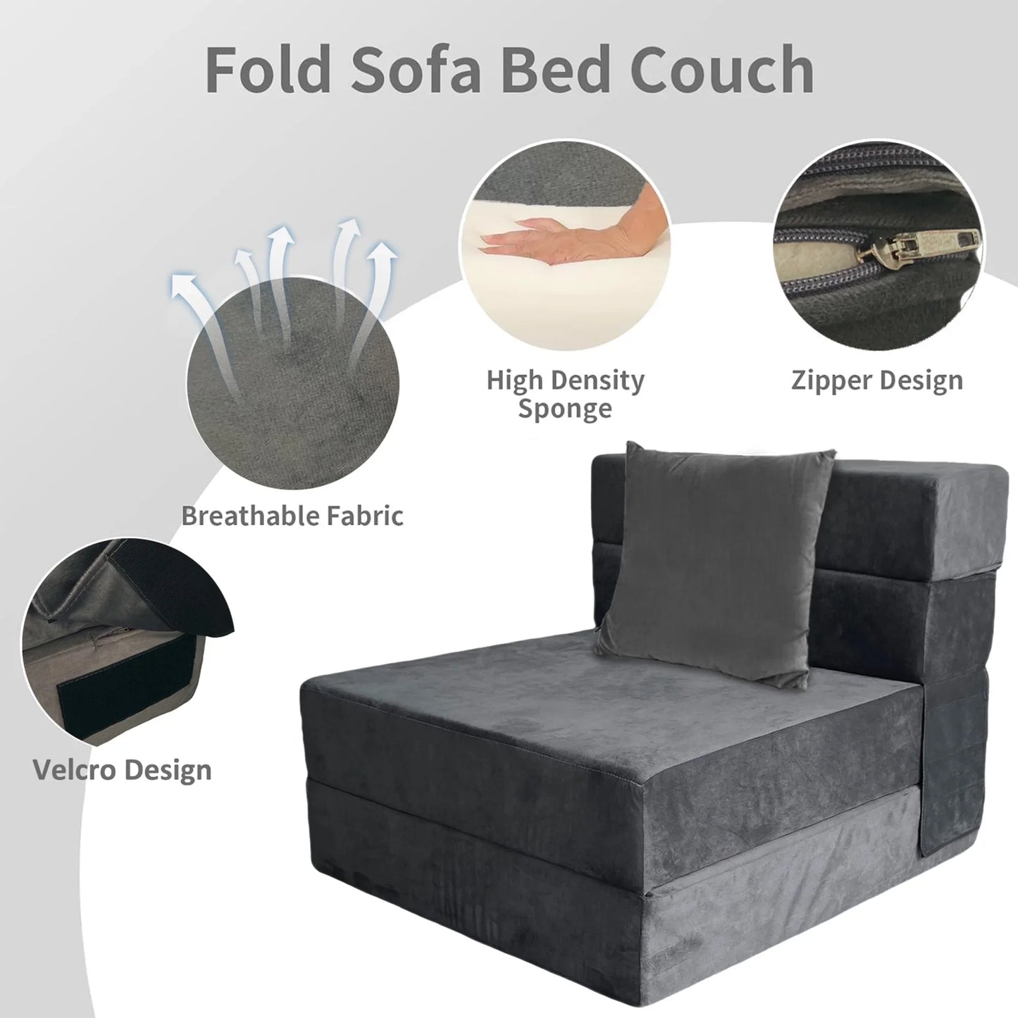 HYEASTR Folding Sofa Bed - Memory Foam Fold Out Couch Futon Couch Guest Bed with Pillow - Portable Foldable Sleeper Chair with Washable Cover for Living Room/Dorm/Guest/Home Office,Grey