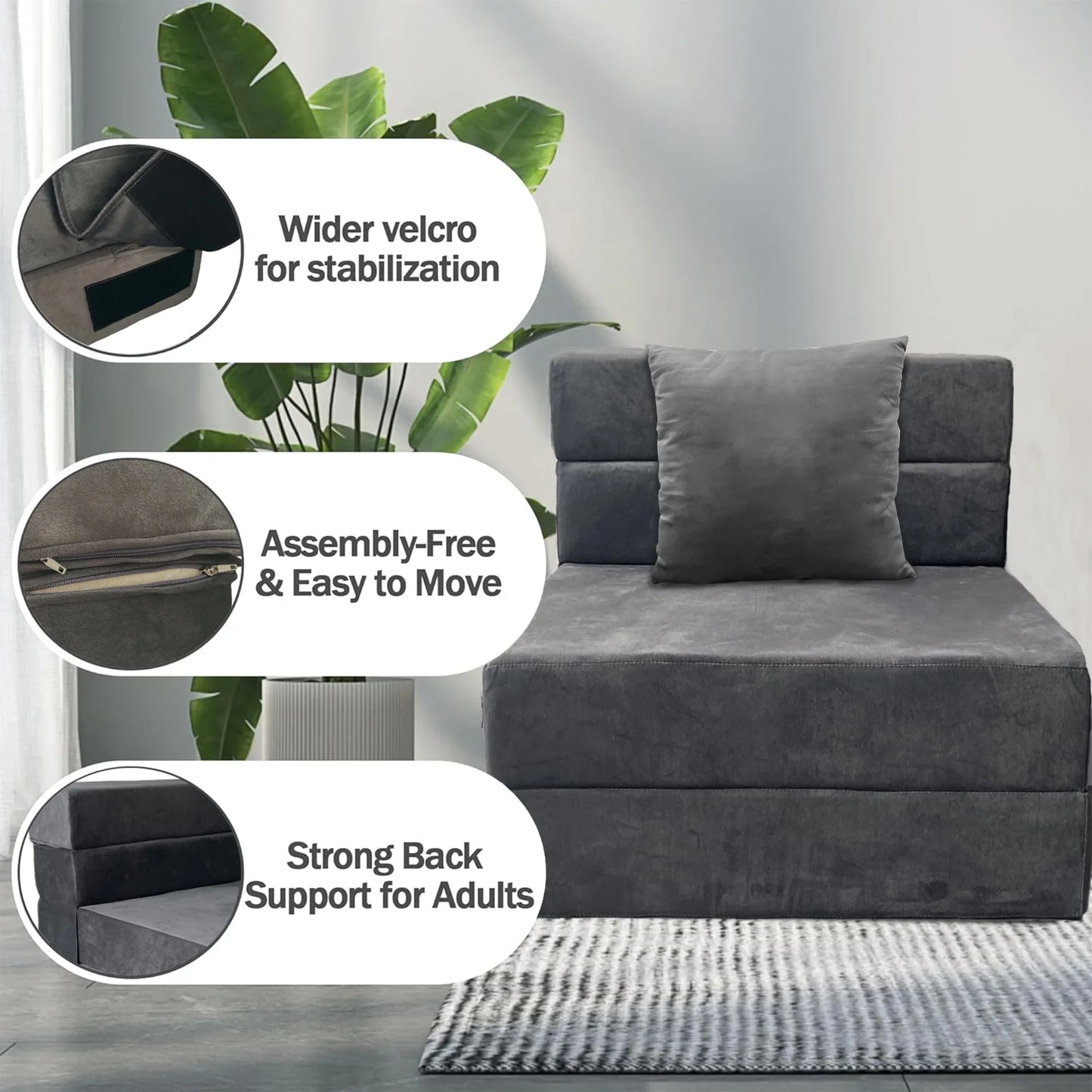 HYEASTR Folding Sofa Bed - Memory Foam Fold Out Couch Futon Couch Guest Bed with Pillow - Portable Foldable Sleeper Chair with Washable Cover for Living Room/Dorm/Guest/Home Office,Grey