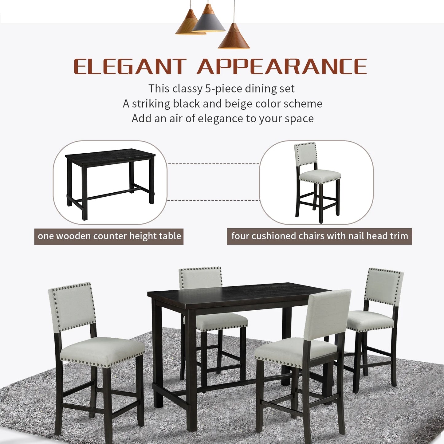 EUROCO 52" 5 Piece Longer Dining Set Kitchen Table Set Counter Height Table Set with One Rectangle Table and 4 Cushioned Chairs for 4 Persons Dining Room Table Set for Small Place
