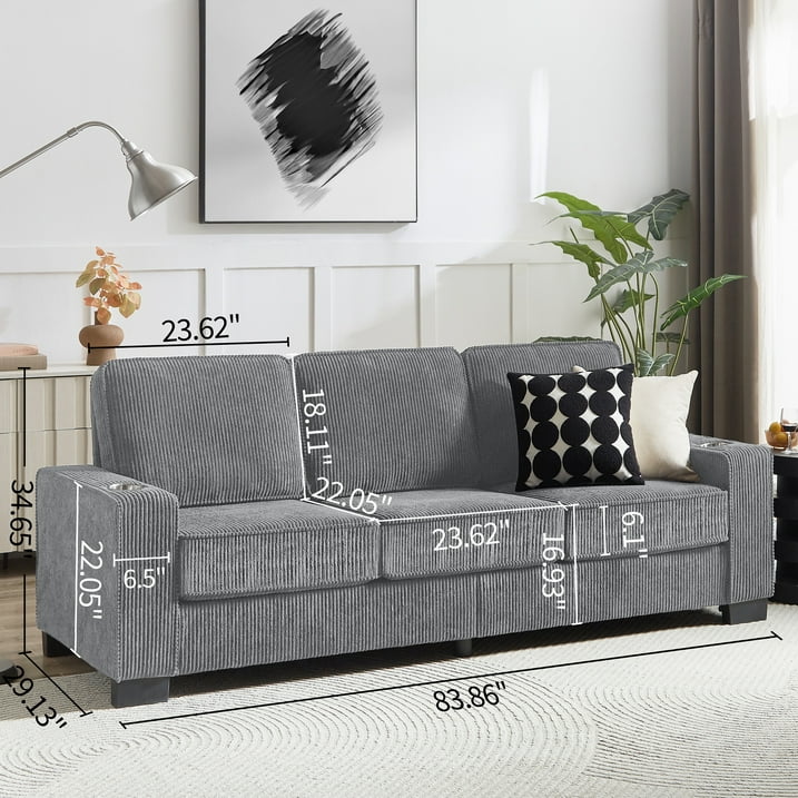 PAPROOS 3-seater Sofa for Living Room, Modern Corduroy Compressed Couch with Cup Holders, Apartments Sofa with Removable Back Cushion, Easy Assembly, Home Sofa Living Room, Gray