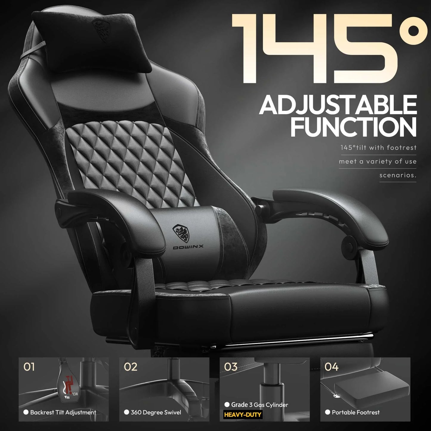 Dowinx Ergonomic Gaming Chair with Pocket Spring Cushion & Massage Lumbar Support High Back Office Computer Chair with Footrest for Adults, 300LBS Capacity, Leather Design, Black