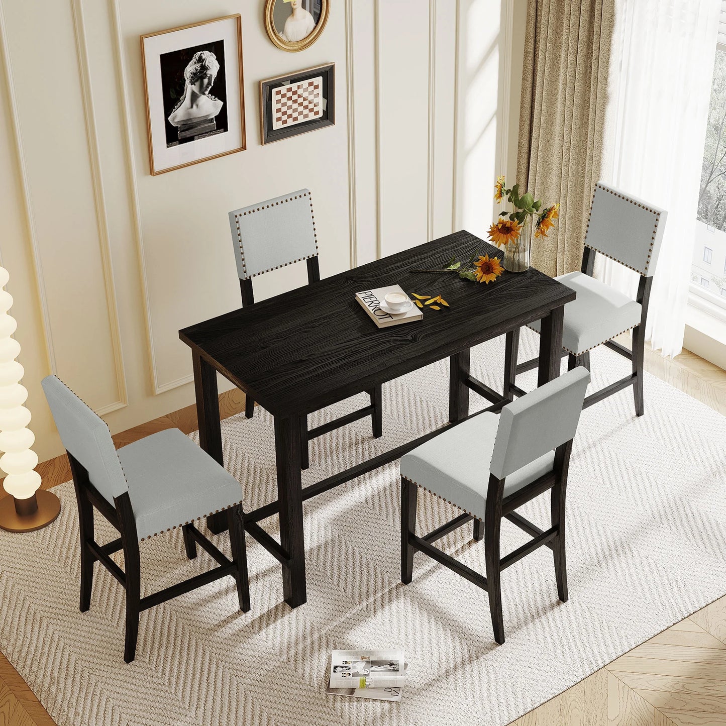 EUROCO 52" 5 Piece Longer Dining Set Kitchen Table Set Counter Height Table Set with One Rectangle Table and 4 Cushioned Chairs for 4 Persons Dining Room Table Set for Small Place
