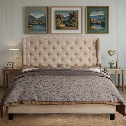Queen Size Classical Bed Frame with Adjustable Button Tufted Headboard, Fabric Upholstered Platform Bed Frame for Bedroom, Strong Wooden Slat Support, Easy Assembly, Beige