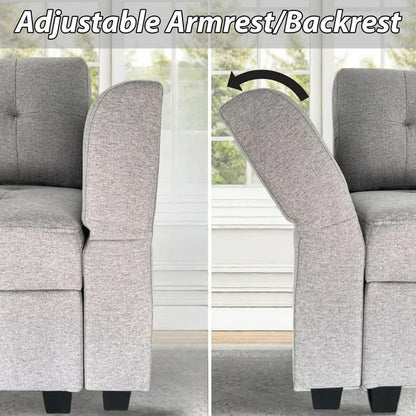 HYEASTR Modular Sectional Sofa with Storage Ottoman, 12 Seats Convertible Sofa with Adjustable Angle Armrest/Backrest, U Shape Sectional Couch Set, Sleeper Couch, Grey