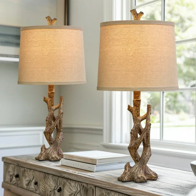 Yokila 23" Wood Grain Rustic Table Lamp Set of 2 for Living Room Bedroom Farmhouse Tree Trunk Bedside Nightstand Lamps with Lamp Shade