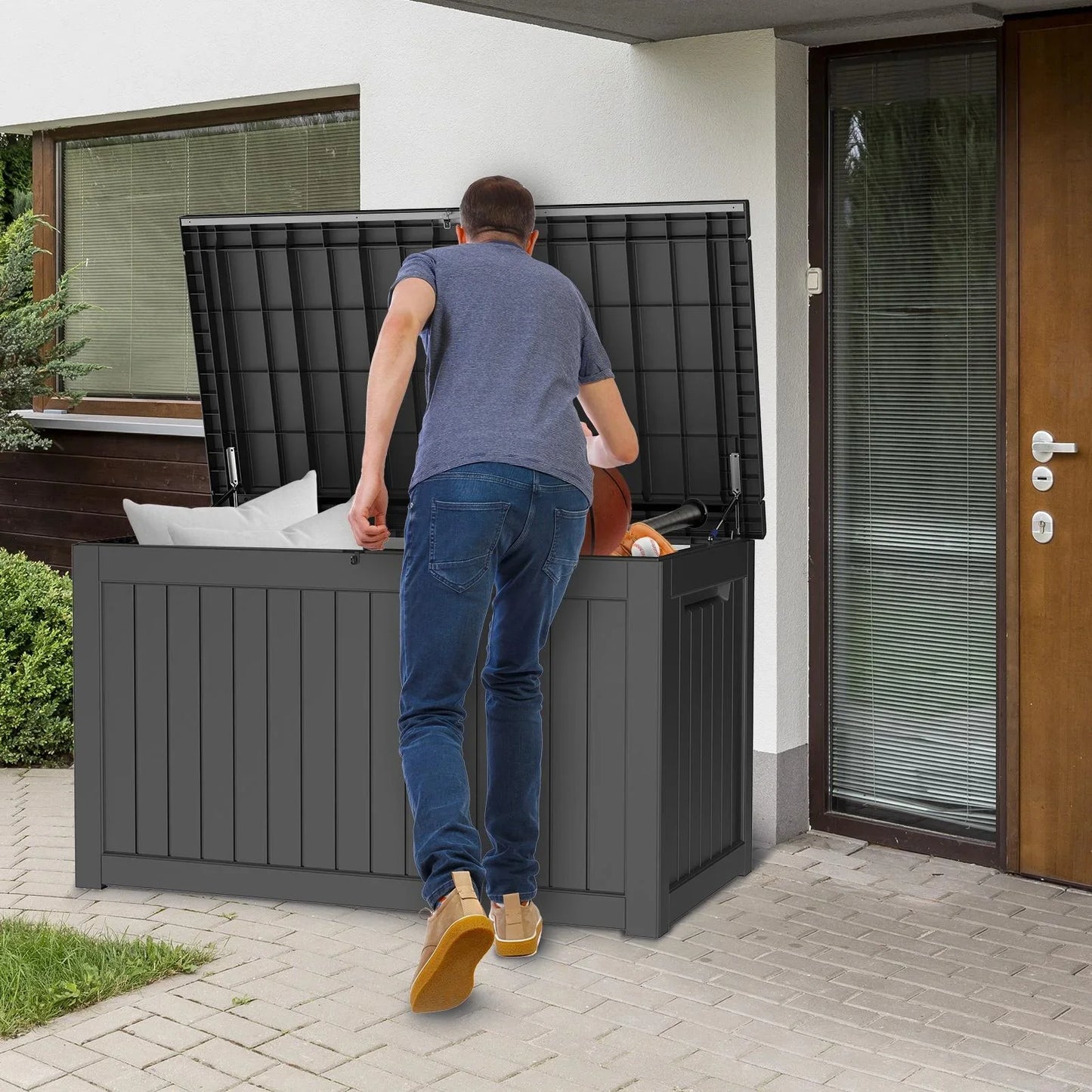 1000LBS Deck Box for Outdoor, 230GAL Resin Storage Bench Toy Box, Patio Pool Furniture Cushion Storage Waterproof, Automatically-Open Lid w/Reinforced Steel Beam