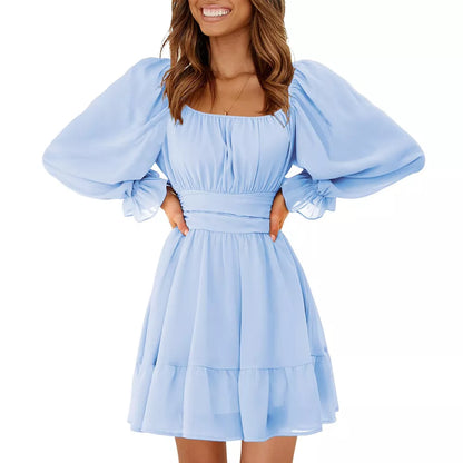 EXLURA Women's 2025 Casual Long Lantern Sleeve Dresses Square Neck Ruffle Tie Back Elastic Waist Aline Short Mini Dress