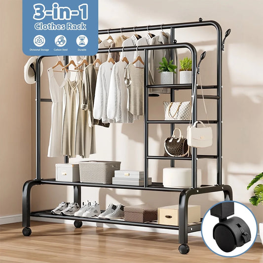 ALSO GO 3-In-1 Double Rod Clothes Rack with 4-Shelf, Metal Clothing Rack with Wheels & 4 Hooks, Portable Heavy Duty Garment Rack with Double Bottom Shelves, Freestanding Organizer for Bedroom, Black