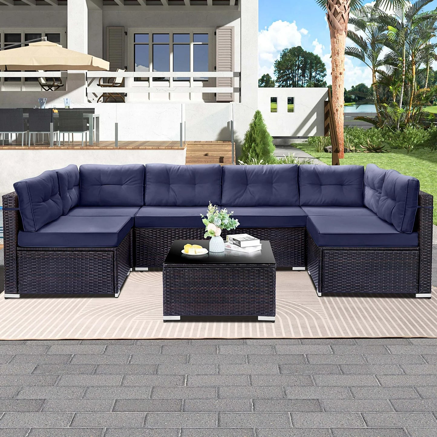 7 Piece Rattan Sectional Sofa Set, Outdoor Conversation Set, All-Weather Wicker Sectional Seating Group with Cushions & Coffee Table, Morden Furniture Couch Set for Patio Deck Garden Pool