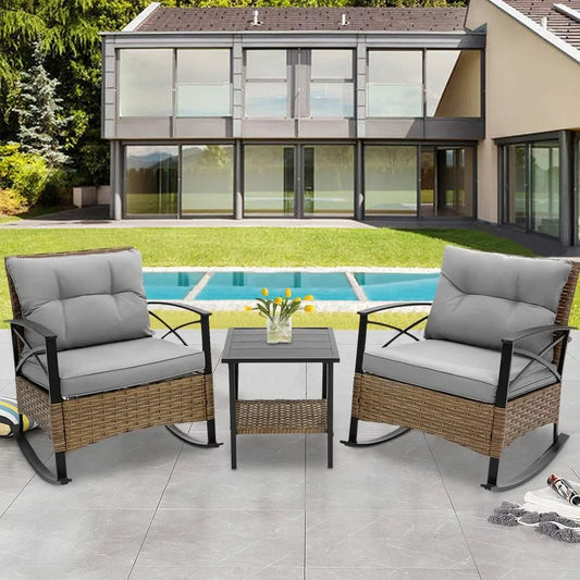 3 Pcs Patio Rocking Bistro Set, PE Wicker Bistro Set with Soft Cushion, 2 Chairs and 1 Steel Top Side Table, Outdoor Conversation Set for Patio Backyard Porches - Gray