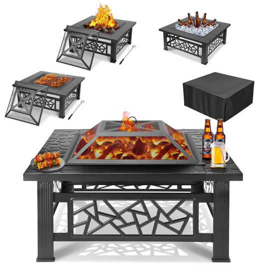 Segmart Fire Pit for Outside, 32" Outdoor Wood Burning Firepit with Fireplace Screen, Patio Fireplace Square Metal Stove for Camping, Outdoor Heating, Bonfire and Picnic, Black