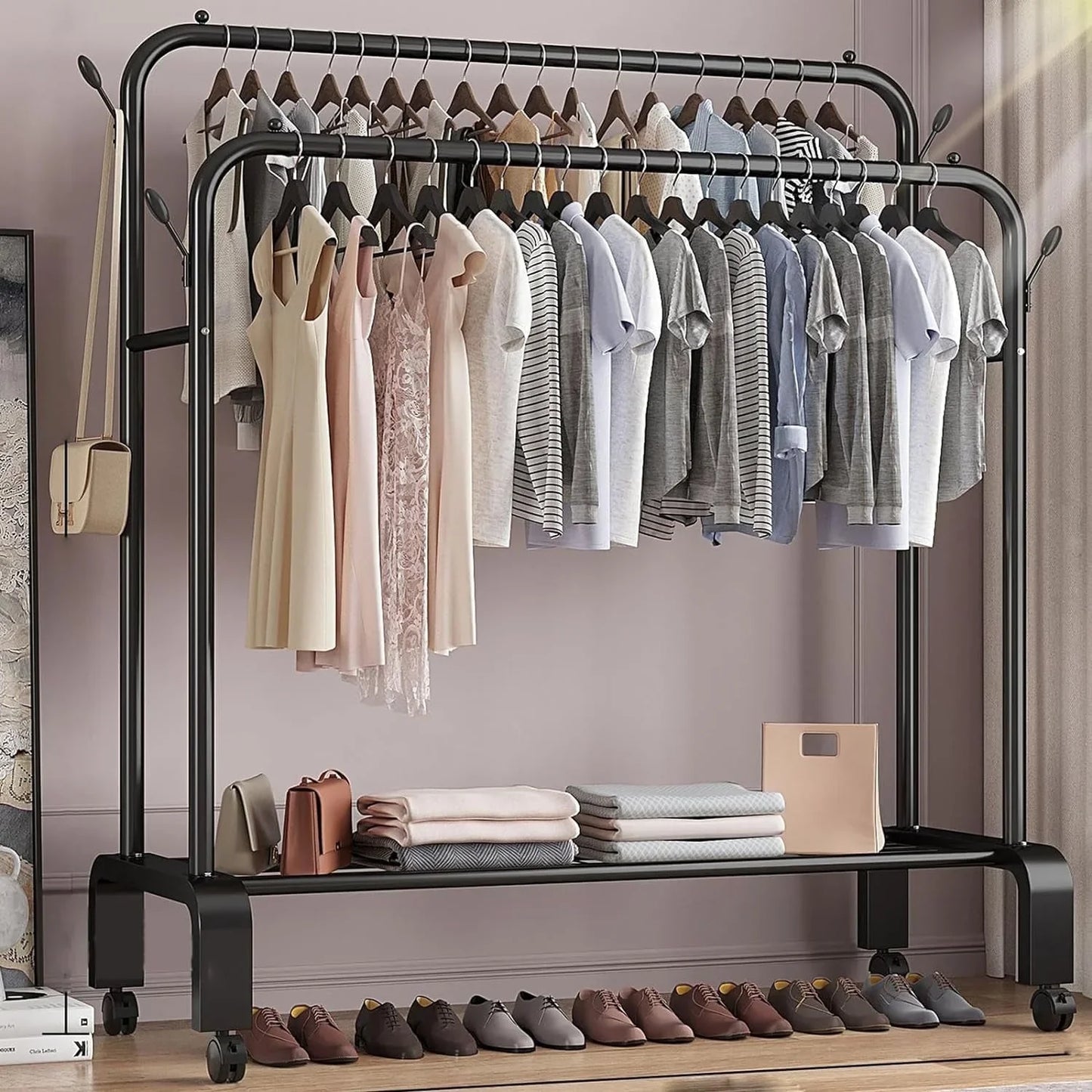 Clothes Rack for Hanging Clothes, Double Rods Clothes Rack with Wheels, Multi-functional Clothing Rack for Bedroom, 4 Hooks