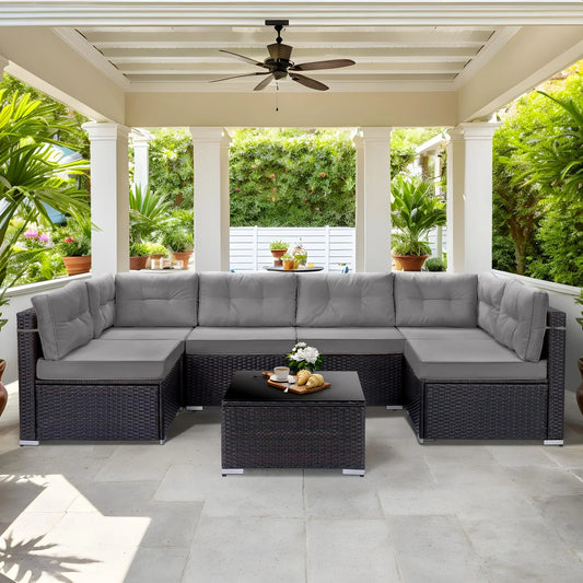 7 Piece Outdoor Patio Furniture Set, Modular Outdoor Sectional Sofa Set with Removable Cushions, PE Rattan Conversation Sets with Coffee Table, Gray