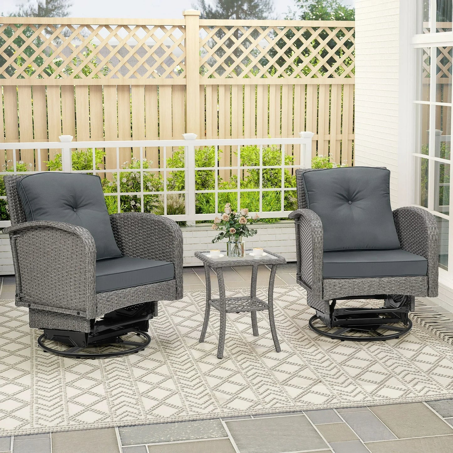 SEGMART 3 PCS Patio Swivel Rocker Set, PE Rattan Swivel Bistro Table Set, Outdoor Conversation Set with Glass Tabletop and Cushions for Balcony Patio Deck Poolside