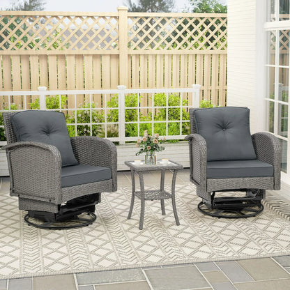 SEGMART 3 PCS Patio Swivel Rocker Set, PE Rattan Swivel Bistro Table Set, Outdoor Conversation Set with Glass Tabletop and Cushions for Balcony Patio Deck Poolside