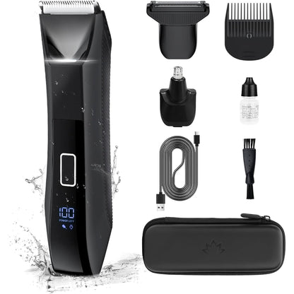 Vislone Manscape Body Hair Trimmer for Men, 3 in 1 Men's Grooming Kit with Pubic/Nose Hair Timmer & Ball Shvaer, LED Display, IPX7 Waterproof, Travel Lock