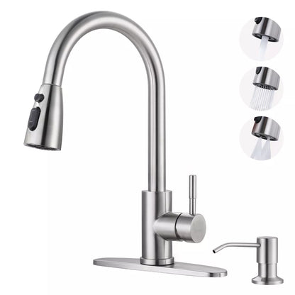 WOWOW Classic Single Handle Pull-Down Sprayer Kitchen Faucet with Soap Dispenser