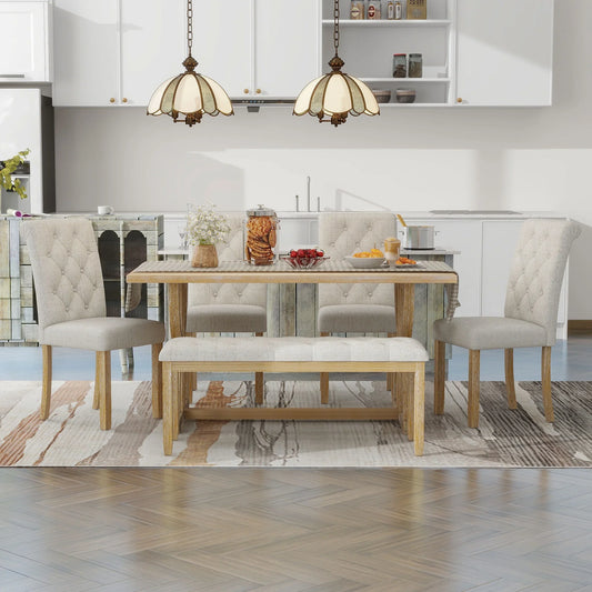 EUROCO 60" 6-Piece Dining Table Set,Dining Room Set with 1 Table,Unique Table Legs,Bench and 4 Cushioned Chairs,Solid Wood Rectangular Table and Chair Set, Kitchen Table Set