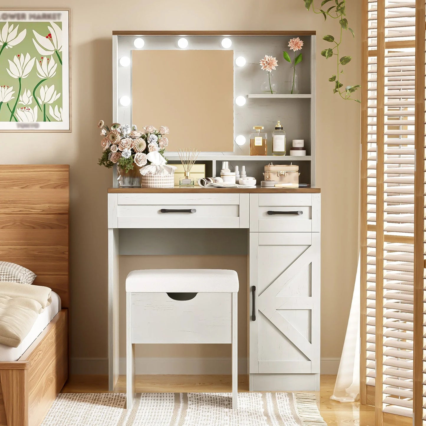 31.5" Makeup Vanity Desk with Mirror and Lights, 3 Lighting Modes, Vanity Set with Stool, Dressing Table with Adjustable Shelves,2 Drawers and Side Cabinet for Bedroom, White